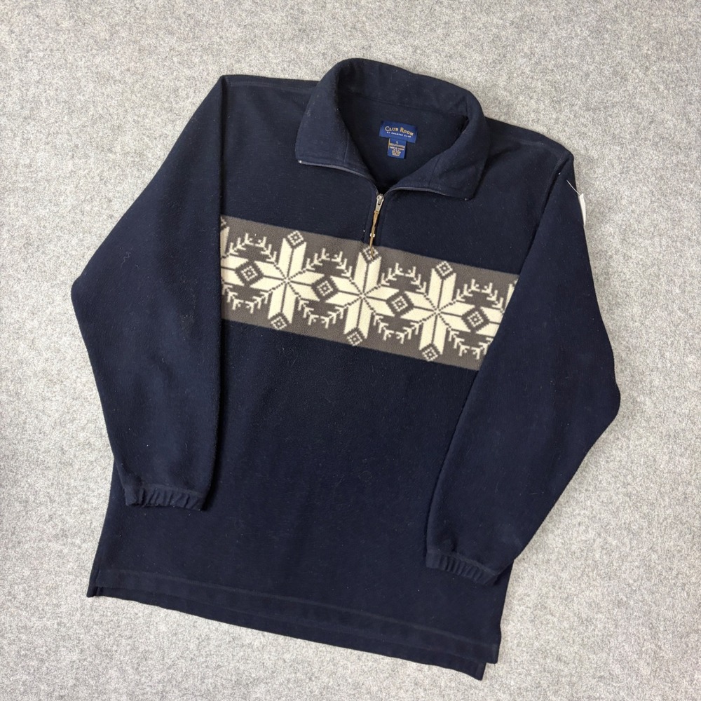 Club Room Mens Navy Blue Fair Isle Snowflake Quarter Zip Fleece Pullover Large